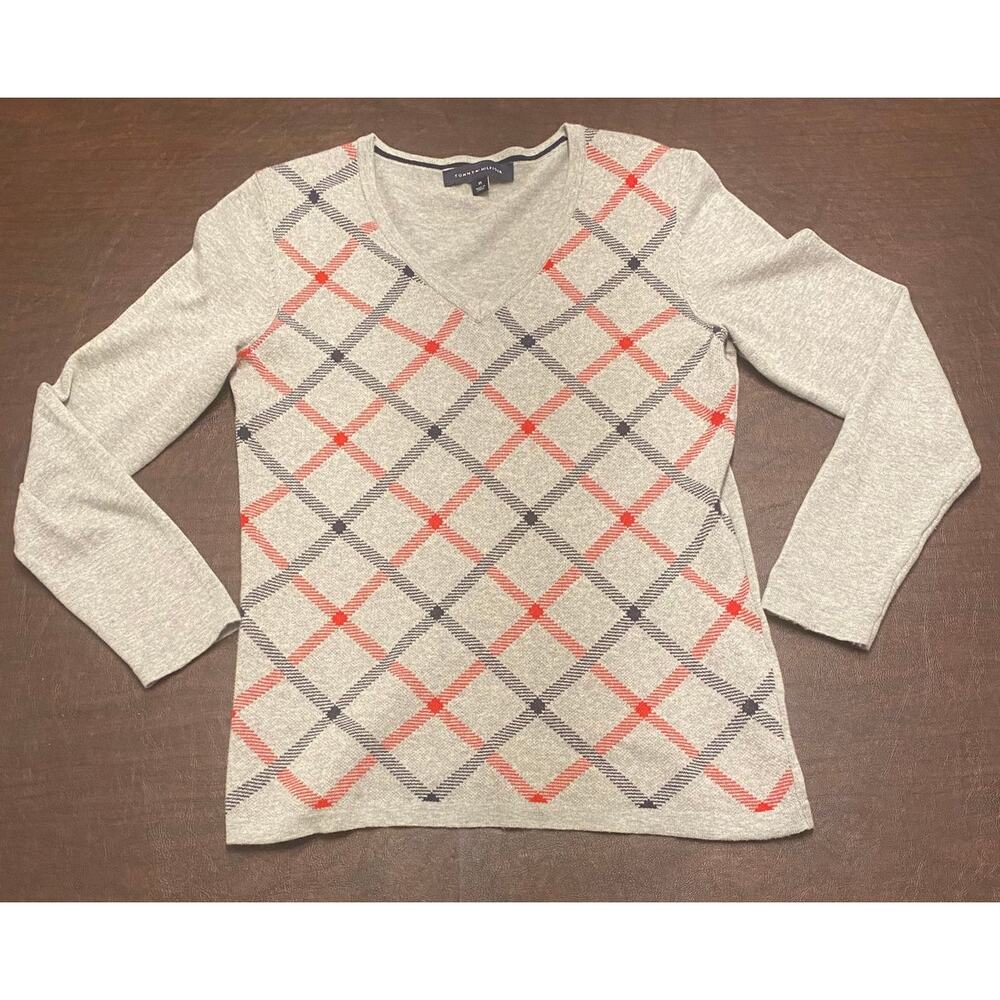 Tommy‎ Hilfiger Gray Argyle V-Neck Sweater Women's Med Preppy Academia Layering